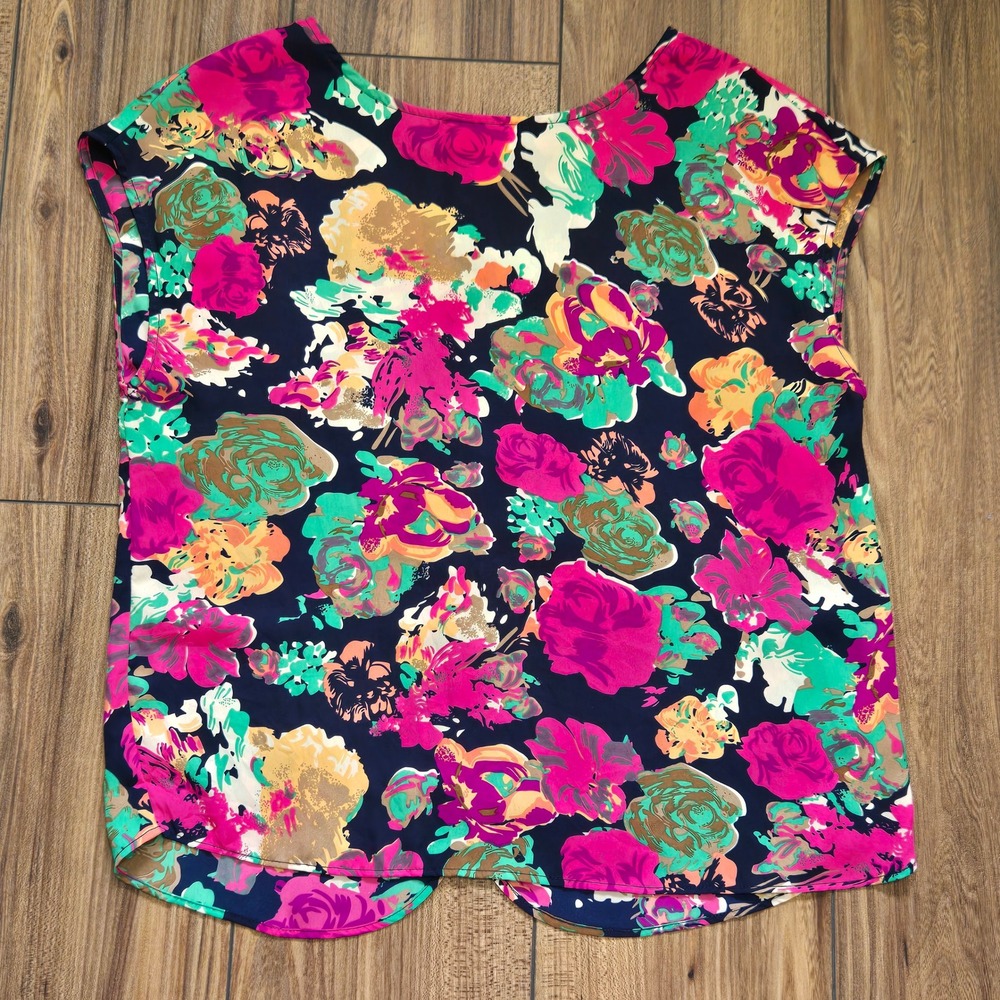 Lucy & Laurel Womens Floral Cap Sleeve Blouse Navy Pink MC9950-122P154 Small
